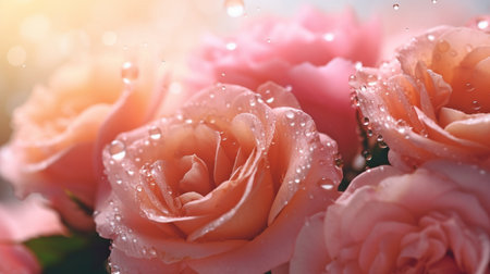 Pink flowers in water with drips on a summer background. minimalist abstract natural background. GENERATE AIの素材