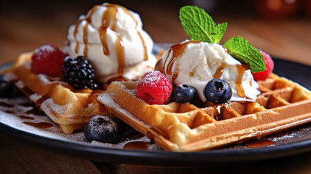 Delicious waffles with ice cream, fresh berries, and a brown wooden backdrop.  GENERATE AIの素材