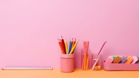 Photo pour Collection of school materials against a pink backdrop. returning to school idea.  GENERATE AI - image libre de droit