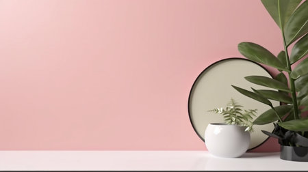 Mock up for branding, presentations, or items like jewelry, food, or cosmetics. Vacant table against a pink and green wall. Shadow of leaves on the wall and wooden desk in the composition. GENERATE AIの素材