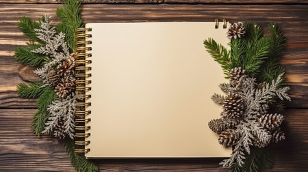 View from the top of a notebook with a fir tree frame on a hardwood background. the idea of the new year.  GENERATE AIの素材