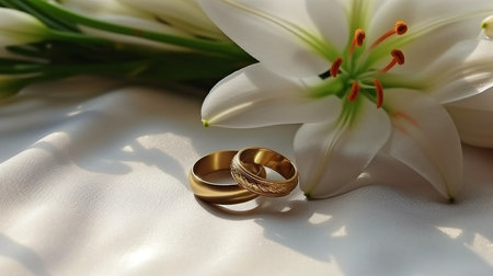 A white backdrop with a pair of wedding rings on it and lovely white lilies in the distance. Concept of love and commitment. GENERATE AIの素材