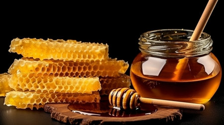 Top view of a jar of honey with honeycombs on a black backdrop. GENERATE AIの素材
