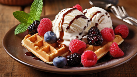 Delicious waffles with ice cream, fresh berries, and a brown wooden backdrop.  GENERATE AIの素材