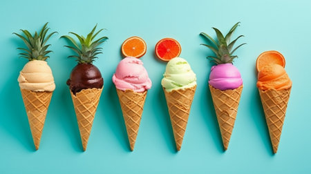 Chocolate, vanilla, blueberry, strawberry, pistachio, and other flavors of colorful ice cream in waffle cones are shown on a stylish turquoise backdrop with summertime palm palms. GENERATE AIの素材