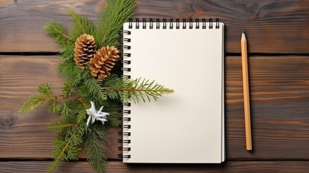 View from the top of a notebook with a fir tree frame on a hardwood background. the idea of the new year.  GENERATE AIの素材