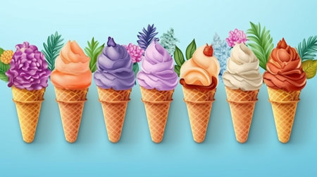 Chocolate, vanilla, blueberry, strawberry, pistachio, and other flavors of colorful ice cream in waffle cones are shown on a stylish turquoise backdrop with summertime palm palms. GENERATE AIの素材