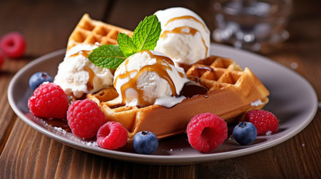 Delicious waffles with ice cream, fresh berries, and a brown wooden backdrop.  GENERATE AIの素材