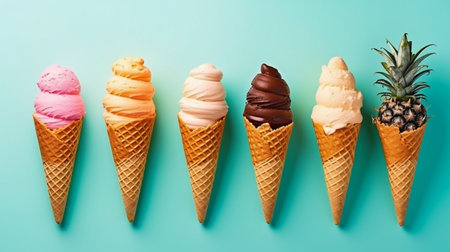 Chocolate, vanilla, blueberry, strawberry, pistachio, and other flavors of colorful ice cream in waffle cones are shown on a stylish turquoise backdrop with summertime palm palms. GENERATE AIの素材