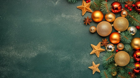 Concept for a Christmas tree decoration. Top view image of hoarfrost-covered pine branches, mistletoe berries, red, gold, and green decorations on an uncluttered green backdrop. GENERATE AIの素材