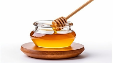 Top view of a honey jar with a wooden honey dipper on a white backdrop with copy space. delicious bottle of honey. GENERATE AIの素材