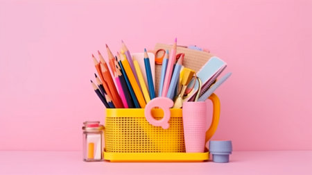 Collection of school materials against a pink backdrop. returning to school idea.  GENERATE AIの素材