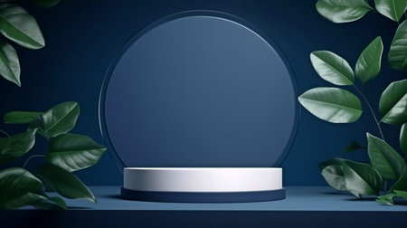 pedestal with a circular cylinder shape for items or cosmetics on a leafy, dark blue backdrop.  GENERATE AIの素材