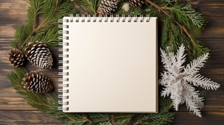 View from the top of a notebook with a fir tree frame on a hardwood background. the idea of the new year.  GENERATE AIの素材