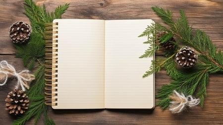 View from the top of a notebook with a fir tree frame on a hardwood background. the idea of the new year.  GENERATE AIの素材