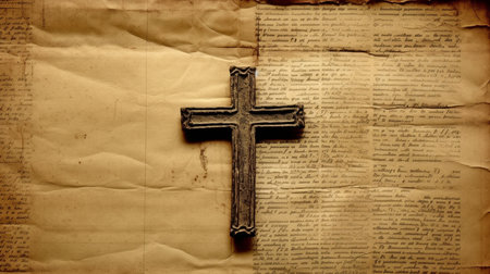 On antique paper, a crucifix with the name "Jesus" and attribution markings. GENERATE AIの素材