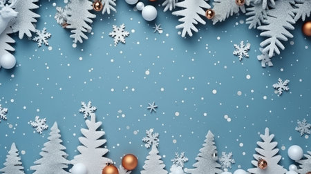 Christmas tree branches, stars, and deer in the snow, with a blue background. view from the top. Lay flat. Xmas break. Mockup, template, and happy new year card. GENERATE AIの素材