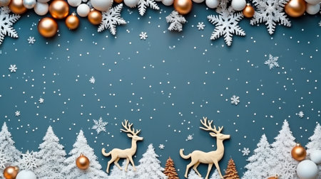 Christmas tree branches, stars, and deer in the snow, with a blue background. view from the top. Lay flat. Xmas break. Mockup, template, and happy new year card. GENERATE AIの素材