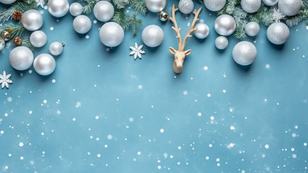 Christmas tree branches, stars, and deer in the snow, with a blue background. view from the top. Lay flat. Xmas break. Mockup, template, and happy new year card. GENERATE AIの素材
