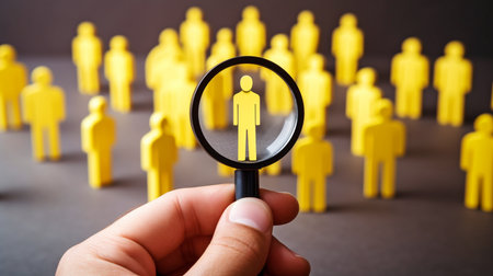 In order to attract customers for a focus group, a hand holding a magnifying glass has a yellow people symbol amid white people icons. GENERATE AIの素材