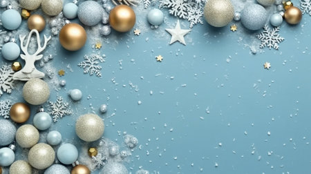 Christmas tree branches, stars, and deer in the snow, with a blue background. view from the top. Lay flat. Xmas break. Mockup, template, and happy new year card. GENERATE AIの素材