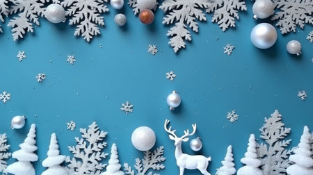Christmas tree branches, stars, and deer in the snow, with a blue background. view from the top. Lay flat. Xmas break. Mockup, template, and happy new year card. GENERATE AIの素材