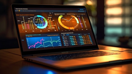 Online business analytics and laptop-based analytics. App for a dashboard that displays data from financial management, investments, trade, and corporate analytics and visuals. GENERATE AIの素材