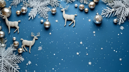 Christmas tree branches, stars, and deer in the snow, with a blue background. view from the top. Lay flat. Xmas break. Mockup, template, and happy new year card. GENERATE AIの素材