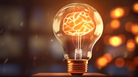 against a background of inspiration, a light bulb with a bright brain. GENERATE AIの素材