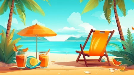 Tropical beach with sunbathing gear, background of summer vacation. GENERATE AIの素材