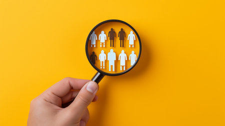 In order to attract customers for a focus group, a hand holding a magnifying glass has a yellow people symbol amid white people icons. GENERATE AIの素材