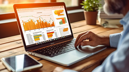 Online business analytics and laptop-based analytics. App for a dashboard that displays data from financial management, investments, trade, and corporate analytics and visuals. GENERATE AIの素材