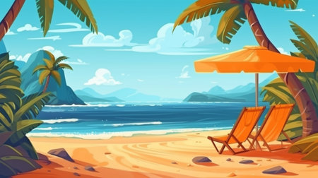 Tropical beach with sunbathing gear, background of summer vacation. GENERATE AIの素材