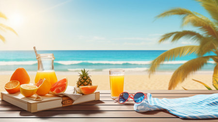 Tropical beach with sunbathing gear, background of summer vacation. GENERATE AIの素材