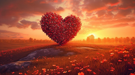sunset with a red heart-shaped sky and a lovely flower-filled countryside. GENERATE AIの素材