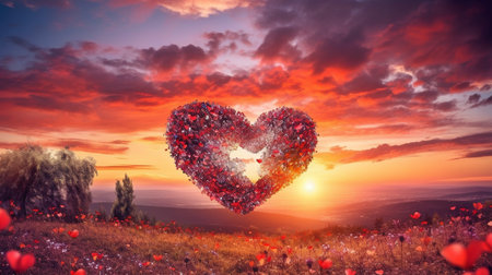 sunset with a red heart-shaped sky and a lovely flower-filled countryside. GENERATE AIの素材