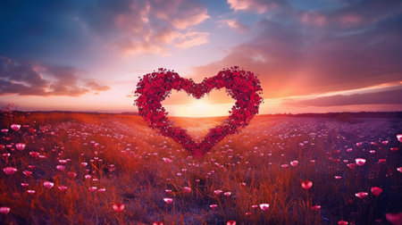 sunset with a red heart-shaped sky and a lovely flower-filled countryside. GENERATE AIの素材