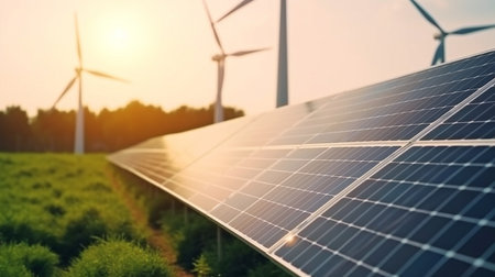 Alternative energy from nature idea power plant with solar cells and wind turbines producing electricity. GENERATE AIの素材