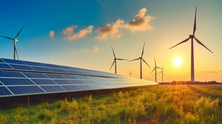 Alternative energy from nature idea power plant with solar cells and wind turbines producing electricity. GENERATE AIの素材