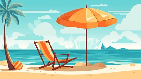 Tropical beach with sunbathing gear, background of summer vacation. GENERATE AIの素材