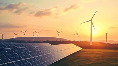 Alternative energy from nature idea power plant with solar cells and wind turbines producing electricity. GENERATE AIの素材