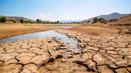 Lake and river drying up in the summer, the water problem, and drought are all effects of climate change. GENERATE AIの素材