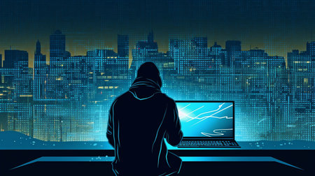 Cybercrime Illustration of a Computer Hacker Using a Laptop, City Scene, Binary Code, Hacking. GENERATE AIの素材
