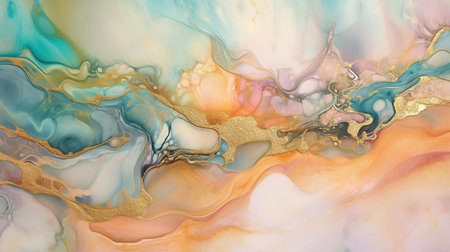 These fluid patterns are shaped by currents of transparent colors, writhing metallic swirls, and frothy color sprays. Alcohol ink method for a natural luxury abstract painting. GENERATE AIの素材