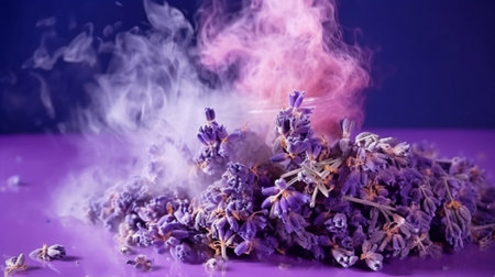 Lavender is enclosed in perfume smoke. GENERATE AIの素材