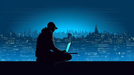 Cybercrime Illustration of a Computer Hacker Using a Laptop, City Scene, Binary Code, Hacking. GENERATE AIの素材
