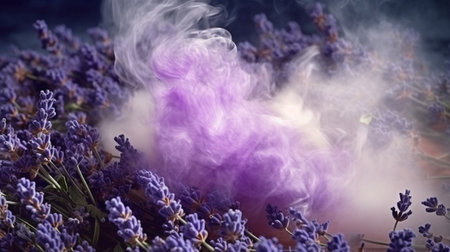 Lavender is enclosed in perfume smoke. GENERATE AIの素材