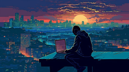 Cybercrime Illustration of a Computer Hacker Using a Laptop, City Scene, Binary Code, Hacking. GENERATE AIの素材