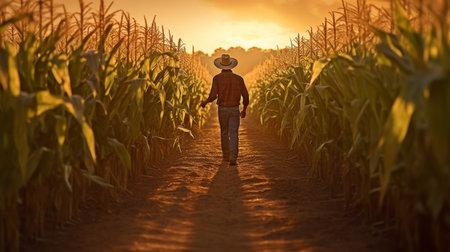 Farmer strolling among cornfields at dusk. GENERATE AIの素材