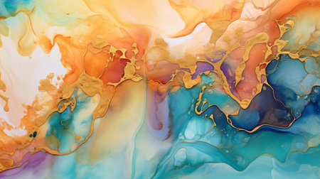 These fluid patterns are shaped by currents of transparent colors, writhing metallic swirls, and frothy color sprays. Alcohol ink method for a natural luxury abstract painting. GENERATE AIの素材